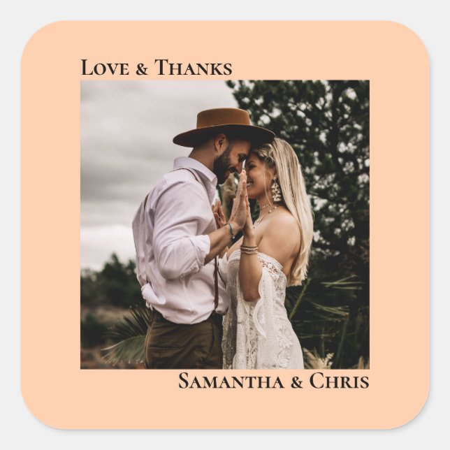 Adesivo Quadrado Foto simples Coral Peach Amor e Obrigados Casament (Frente)