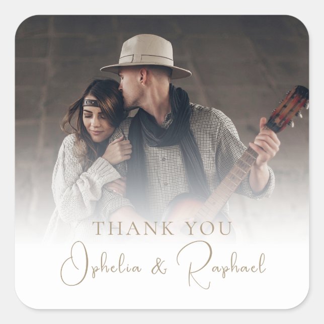 Adesivo Quadrado Foto Sobrepor Texto Dourado Boho Casamento Obrigad (Frente)