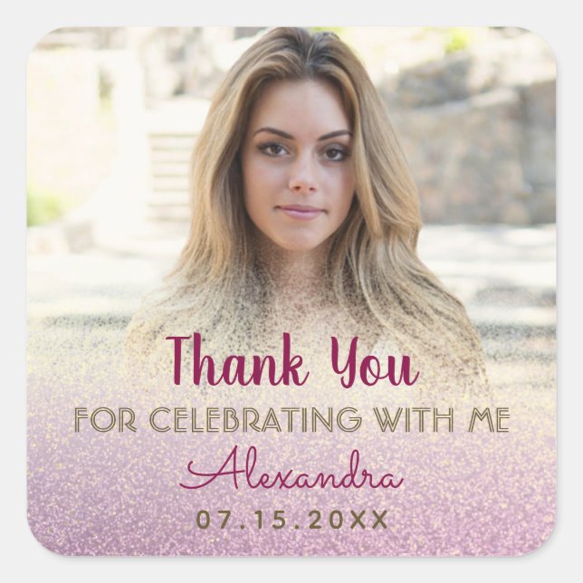 Adesivo Quadrado Fotografia Rapariga Aniversário Obrigado (Frente)