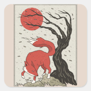 Adesivo Quadrado Fox Art Japonês