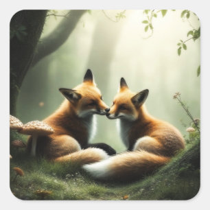 Adesivo Quadrado Fox Cuddle in Misty Forest