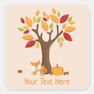 Adesivo Quadrado Fox de outono com Texto Personalizado de Pumpkin