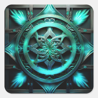 Adesivo Quadrado Fractal em moldura estilo mandala azul ártico