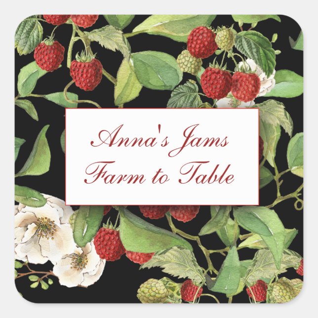 Adesivo Quadrado Framboesas Botânicas no Rótulo de Fundo Preto (Frente)