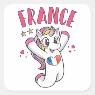 Adesivo Quadrado França Soccer Fan Unicorn com bandeira cardíaca