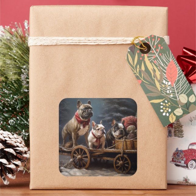 Adesivo Quadrado Francês Bulldog Snowy Sleigh Decência de Natal (Feriado)