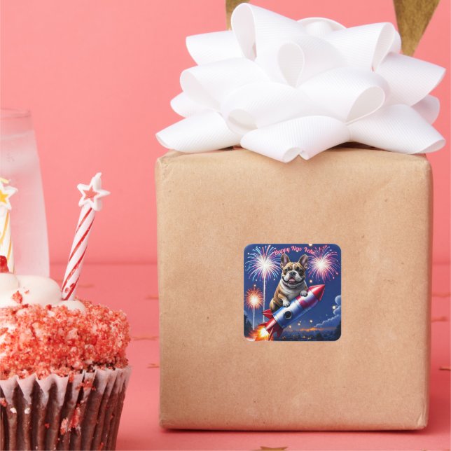 Adesivo Quadrado Französische Bulldogge Neujahr lustig Rakete (Festa)