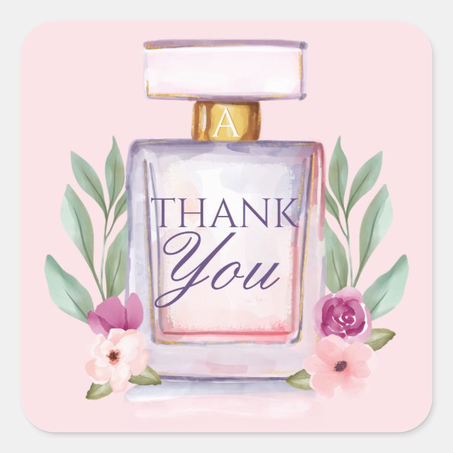 Adesivo Quadrado Frasco de Perfume de Aquarela Agradecimentos (Frente)