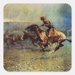 Adesivo Quadrado Frederick Remington Western Art "The Stampede"