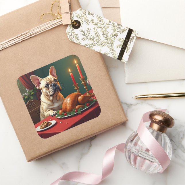 Adesivo Quadrado French Bulldog Christmas Eve Feast Painting (Presentear)
