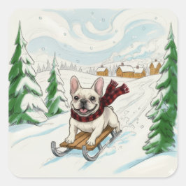 Adesivo Quadrado French Bulldog Sledding, Stickers
