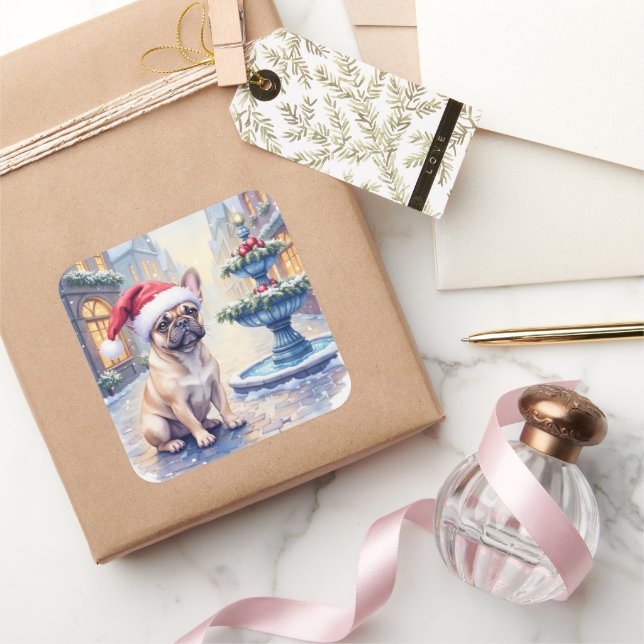 Adesivo Quadrado French Bulldog Snowy Town Fountain Santa Christmas (Presentear)