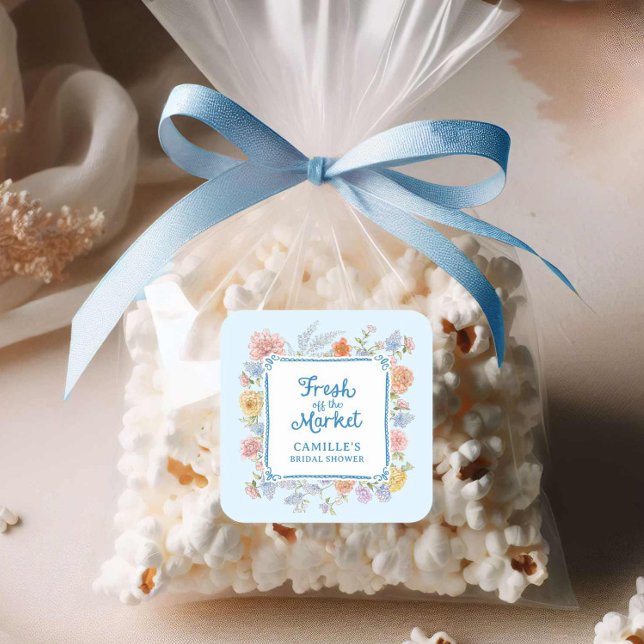 Adesivo Quadrado Fresco do Chá de panela azul do mercado (Blue Fresh of the Market bridal shower sticker)