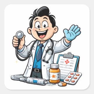 Adesivo Quadrado Friendly Doctor Mascot Medical Cartoon Design