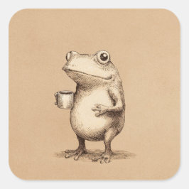 Adesivo Quadrado Frog with Coffee – Whimsical Vintage Animal