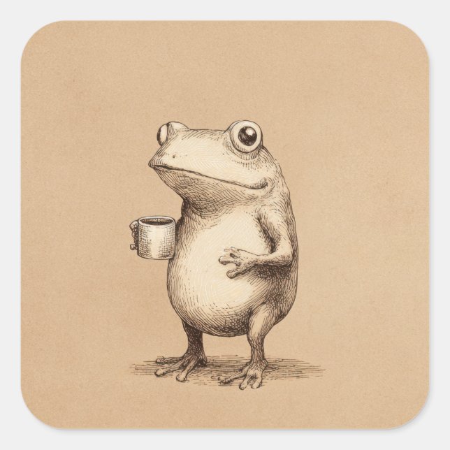Adesivo Quadrado Frog with Coffee – Whimsical Vintage Animal (Frente)