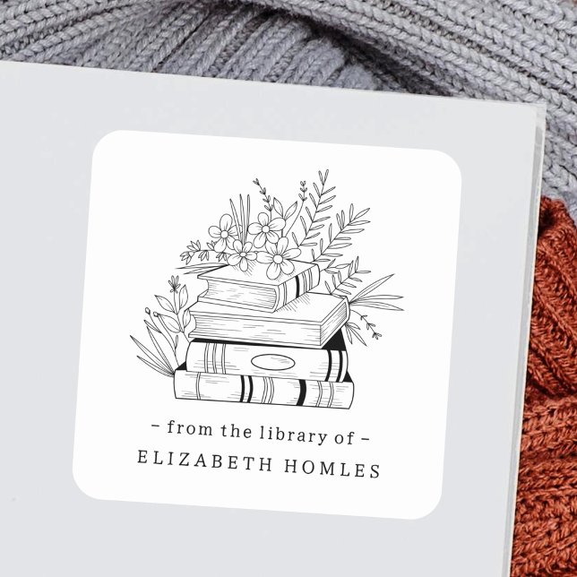 Adesivo Quadrado From the Library of Custom Name Books and Flower (Criador carregado)