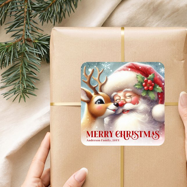 Adesivo Quadrado Frosty Personalized Santa and Rudolph Holiday Kids (Frosty Personalized Santa and Rudolph Holiday Sticker)