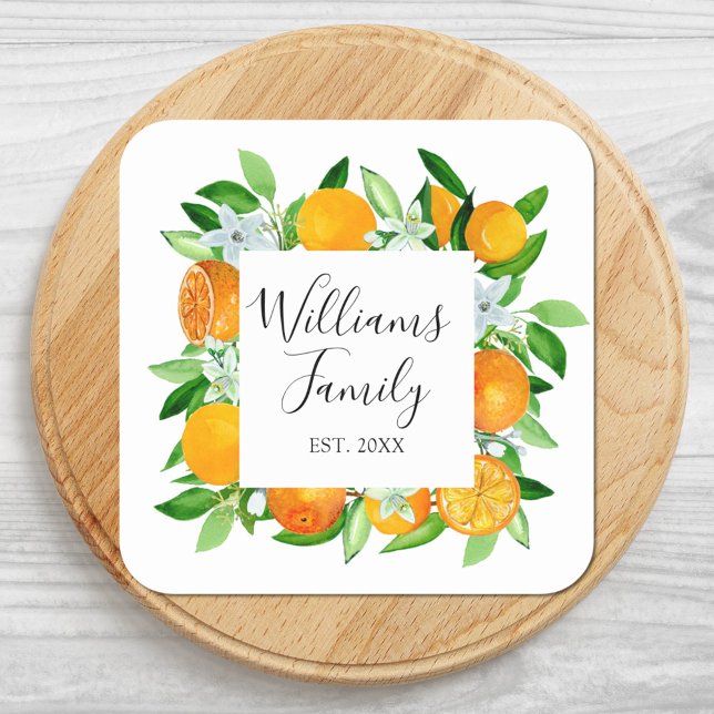 Adesivo Quadrado Frutas de laranja e flores de verão botânico (Close up)