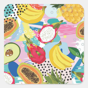 Adesivo Quadrado Frutas Tropicais, Padrão De Vintage Invisível.