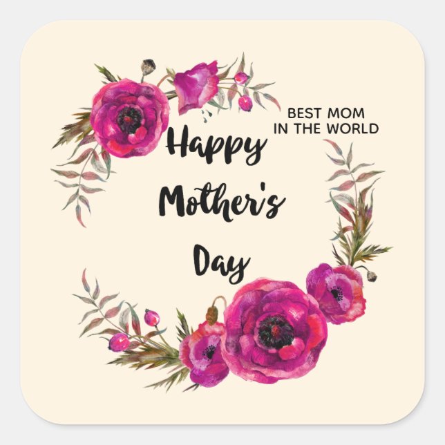 Adesivo Quadrado Fuchsia Poppies Floral Wreath Happy Dia de as mães (Frente)