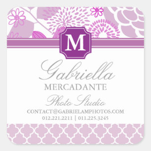Adesivo Quadrado Fuchsia Purple Lilac Chevron Floral Monograma
