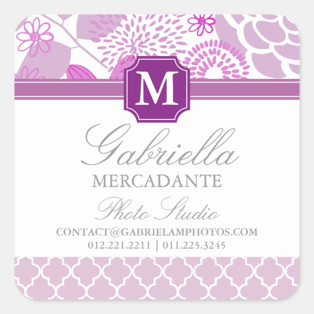 Adesivo Quadrado Fuchsia Purple Lilac Chevron Floral Monograma (Frente)
