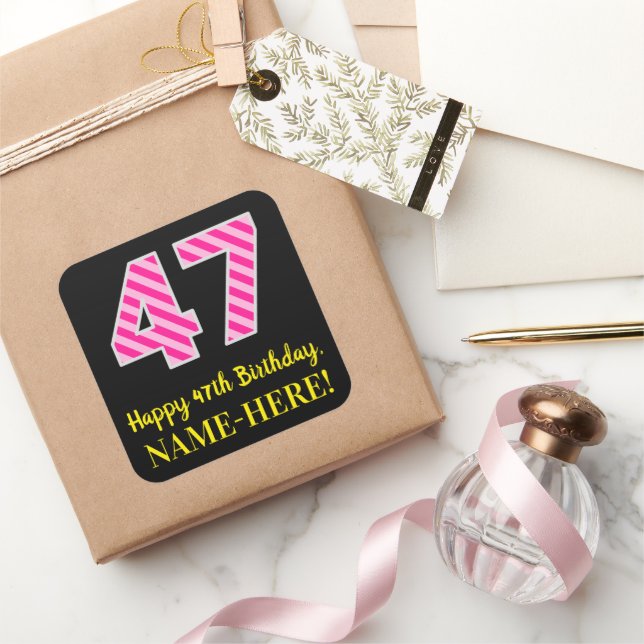 Adesivo Quadrado Fun Pink Stripes “47”: Happy 47th Birthday + Name (Presentear)