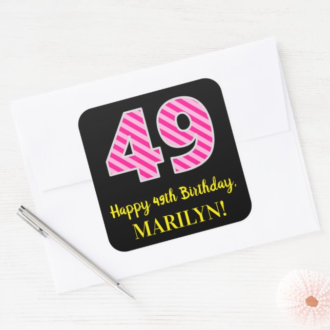 Adesivo Quadrado Fun Pink Stripes “49”: Happy 49th Birthday + Name (Envelope)