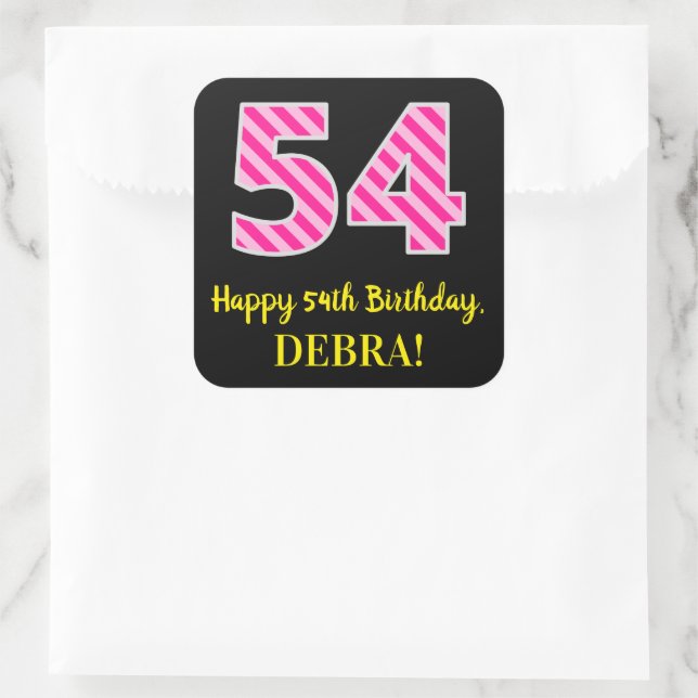 Adesivo Quadrado Fun Pink Stripes “54”: Happy 54th Birthday + Name (Bolsa)