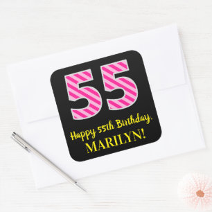 Adesivo Quadrado Fun Pink Stripes “55”: Happy 55th Birthday + Name