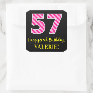 Adesivo Quadrado Fun Pink Stripes “57”: Happy 57th Birthday + Name