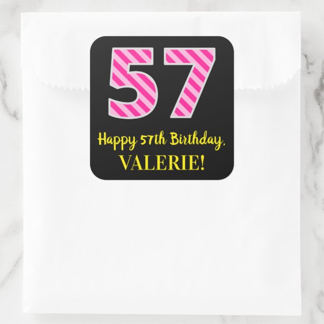 Adesivo Quadrado Fun Pink Stripes “57”: Happy 57th Birthday + Name (Bolsa)