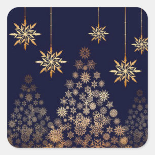 Adesivo Quadrado Fundo Azul com Árvore de Natal Ouro