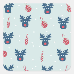 Adesivo Quadrado Fundo Azul com Rudolph e Bolas de Natal