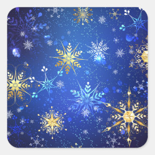 Adesivo Quadrado Fundo Azul XMAS com Flocos de Neve Ouro