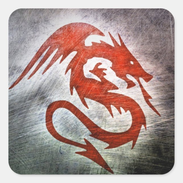 Adesivo Quadrado Fundo preto do dragão vermelho (Frente)
