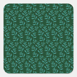 Adesivo Quadrado Fundo Verde Escuro com Folhas Botânicas em Verde A