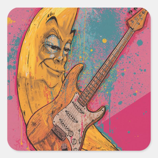 Adesivo Quadrado Funny Banana Guitar Sticker | Cartoon Music Decal (Frente)