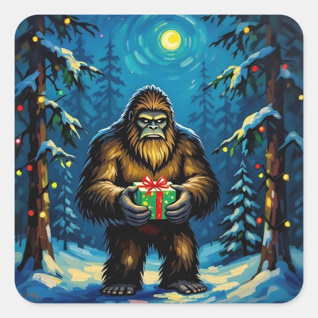 Adesivo Quadrado Funny Bigfoot holding a Christmas Gift (Frente)