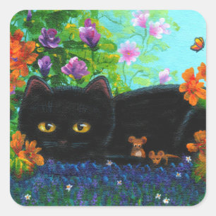 Adesivo Quadrado Funny Black Cat Flowers Criationarts