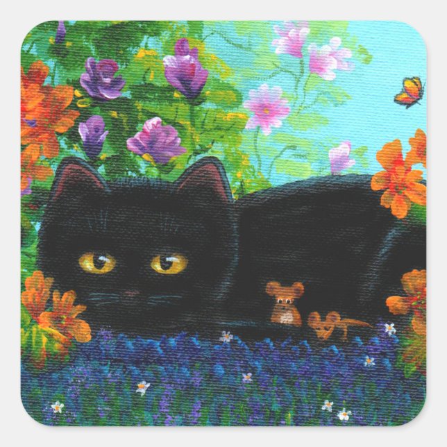 Adesivo Quadrado Funny Black Cat Flowers Criationarts (Frente)