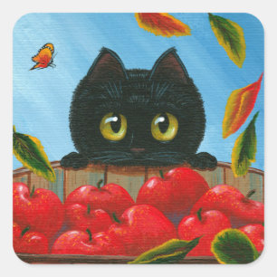 Adesivo Quadrado Funny Black Cat Red Apple Creationararts Square St