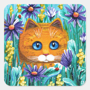 Adesivo Quadrado Funny Cat Art Laranja Tabby Flores