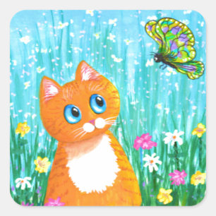 Adesivo Quadrado Funny Cat Orange Tabby Butterfly Summer