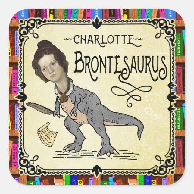 Adesivo Quadrado Funny Charlotte Bronte Surus Dinossaur Book Reader (Frente)