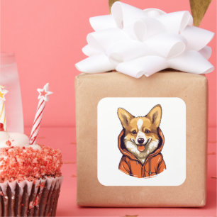 Adesivo Quadrado Funny Corgi Vestindo Hoodie