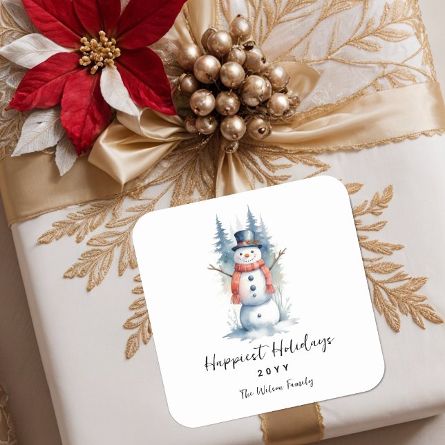 Adesivo Quadrado Funny Cute MInimalist Snowman Frosted Forest (Funny Cute MInimalist Snowman Frosted Forest Christmas Square Stickers. )