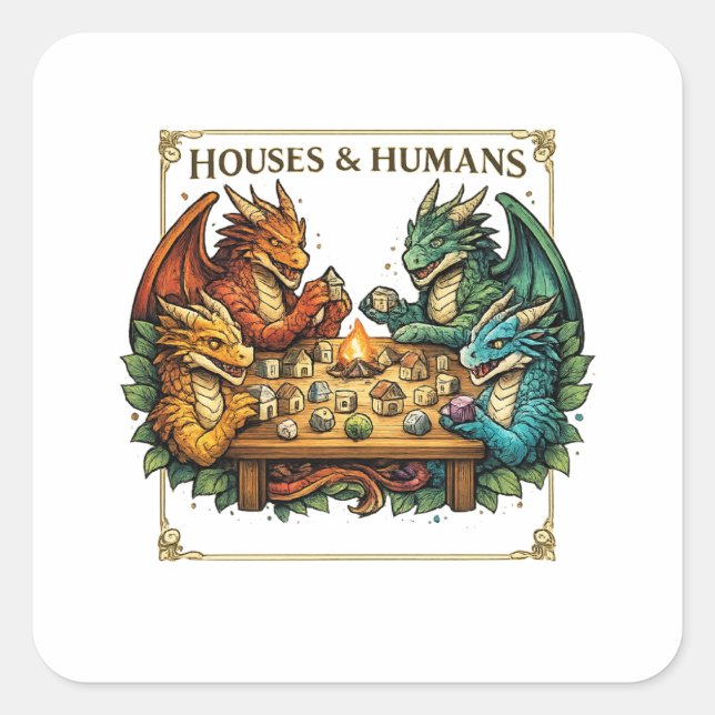Adesivo Quadrado Funny Dragon Houses and Humans Fantasy Art (Frente)