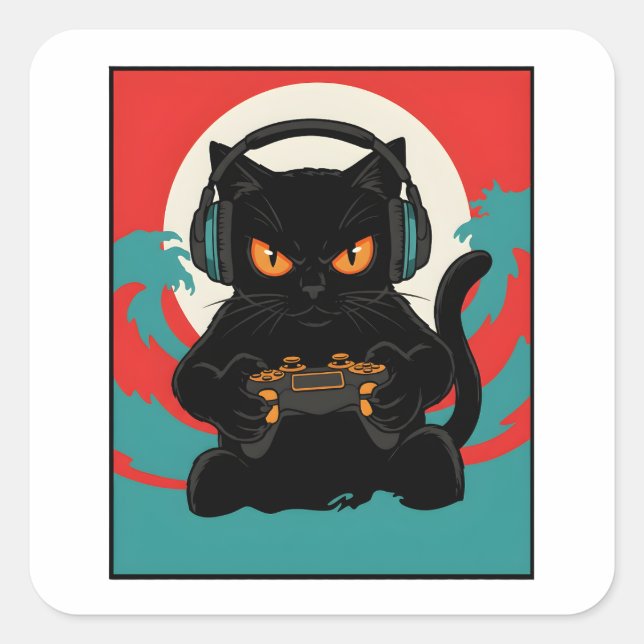 Adesivo Quadrado Funny Gamer Cat Retro Controller Headphones Night (Frente)